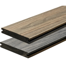 Zwei Terrassendielen aus Holzverbundwerkstoff mit Nut- und Federverbindung