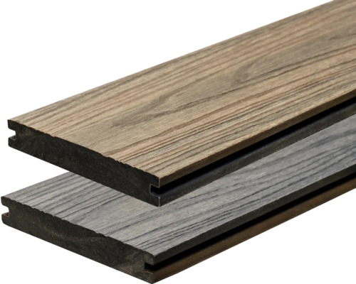 Zwei Terrassendielen aus Holzverbundwerkstoff mit Nut- und Federverbindung