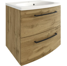 Waschbeckenunterschrank mit zwei Laden in Holzoptik, schwarzen Griffen und weißem Waschbecken.
