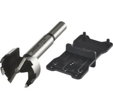 Wolfcraft Forstnerbohrer mit 35 Millimeter Durchmesser und eine schwarze Markierungsschablone für Topfbandscharniere.