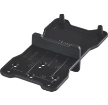 Schwarze Bohrschablone und Markierungshilfe aus Kunststoff für die Möbelmontage mit Millimeter-Maßangaben.