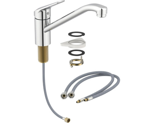 Küchenarmatur mit Montagezubehör und flexiblen Anschlussschläuchen