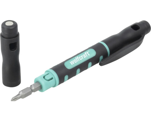 Wolfcraft Stiftschraubendreher in Schwarz und Türkis mit Bit und separater Kappe, inklusive Taschenclip und ergonomischem Griff.