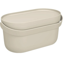Ovale Aufbewahrungsbox aus Kunststoff mit Deckel in Beige.
