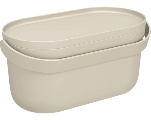 Ovale Aufbewahrungsbox aus Kunststoff mit Deckel in Beige.