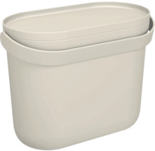 Beige Kunststoffbox mit Deckel und Tragegriff.