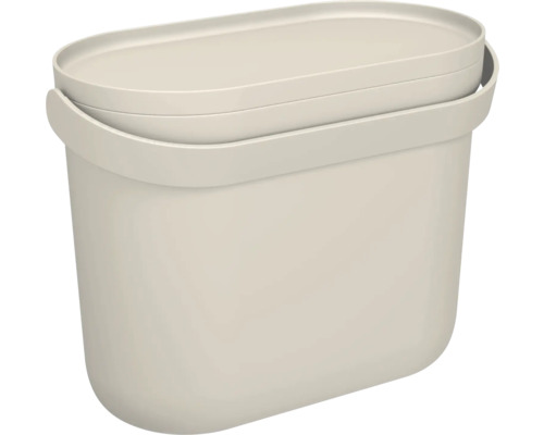 Beige Kunststoffbox mit Deckel und Tragegriff.