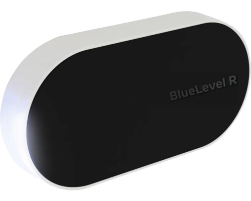 Ovaler Füllstandssensor BlueLevel R mit schwarzer Front und weißem Gehäuse.