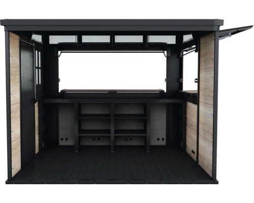 Offene Gartenbar mit Regalen und Seitentüren