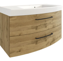 Waschbeckenunterschrank mit Waschbecken, Eiche-Optik, zwei Laden mit schwarzen Griffen und geschwungener Front.