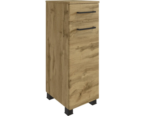 Badezimmer-Seitenschrank in Eichenoptik mit einer Schublade, einer Tür, schwarzen Griffen und schwarzen Füßen.