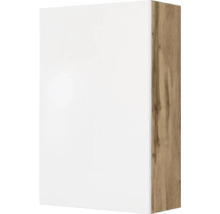 Wandschrank mit weißer Front und Korpus in Holzoptik.