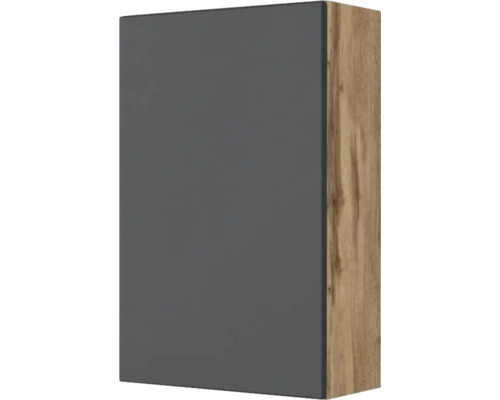 Küchen-Hängeschrank mit grauer Front und Korpus in Eiche-Optik.