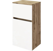 Badschrank mit zwei weißen Fronten und Korpus in Eichenoptik, griffloses Design.