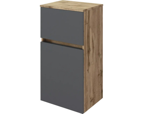 Badezimmer-Unterschrank mit Eichenoptik-Korpus und zwei anthrazitfarbenen Fronten, griffloses Design.