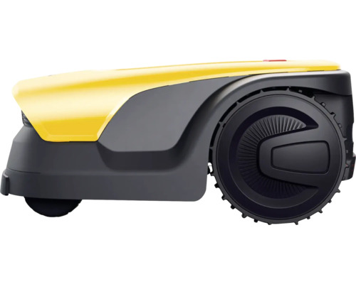 Gelber und anthrazitfarbener Rasenmähroboter