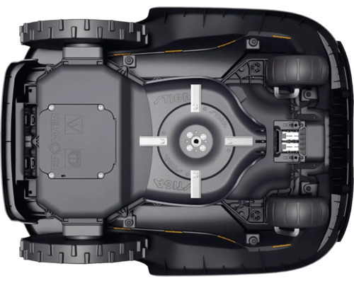 Unterseite eines Rasenmähroboters mit Rädern und Klingen