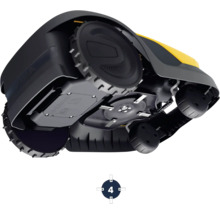 Unteransicht eines Rasenmähroboters mit Rädern und Messern