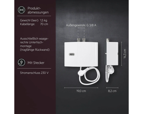 Abbildung eines AEG Warmwassergerätes mit Produktabmessungen und technischen Daten.