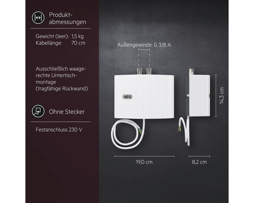 Abmessungen eines weißen Untertischgerätes von AEG mit den Maßen 19,0 x 8,2 x 14,3 cm