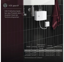AEG Durchlauferhitzer mit VDE geprüft Siegel und zugehöriger technischer Datentabelle