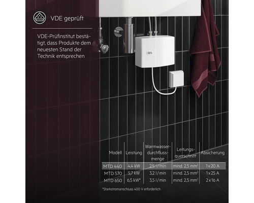 AEG Durchlauferhitzer mit VDE geprüft Siegel und zugehöriger technischer Datentabelle