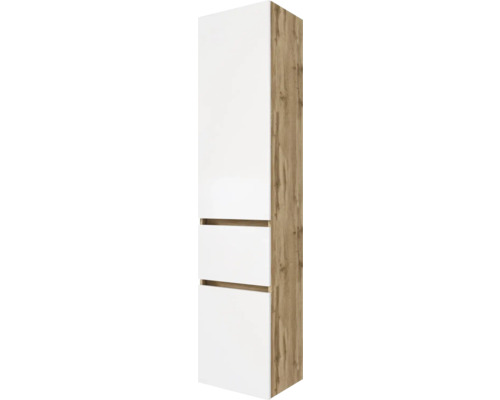 Hochschrank für das Badezimmer mit einer Tür und zwei Auszügen, Korpus in Holzoptik und weiße Fronten.