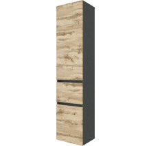 Hochschrank für das Badezimmer, Fronten in Holzoptik, Korpus in Dunkelgrau, eine Tür und zwei Schubladen.