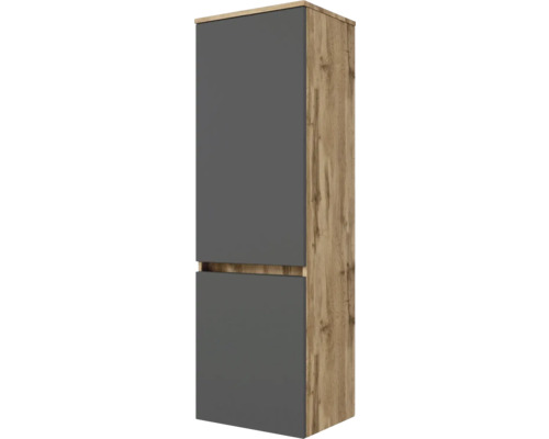 Hochschrank für das Badezimmer mit zwei Türen, Korpus in Holzoptik Eiche und Fronten in Anthrazit.