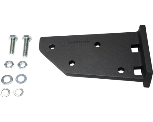 Schwarze Gerätehalterung mit Schrauben, Muttern und Unterlegscheiben