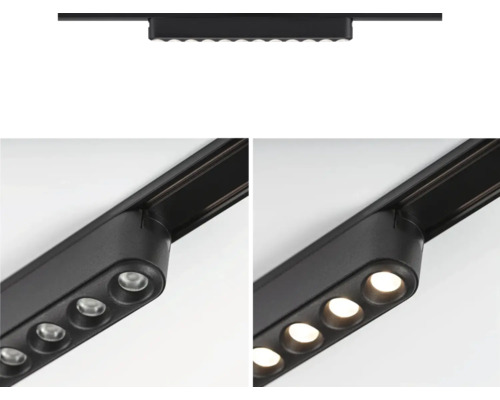 Schwarzes Schienensystem mit LED-Spots zur Deckenmontage