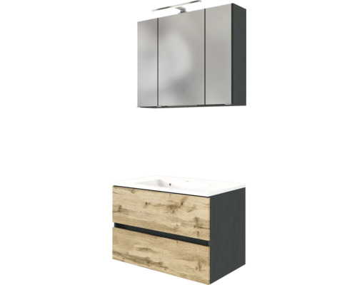 Modernes Badmöbel-Set mit Waschbeckenunterschrank in Eichenoptik, zwei Schubladen und dreitürigem Spiegelschrank mit LED-Leuchte.