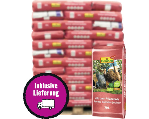 Palette mit FloraSelf Gärtner Pflanzerde 70 Liter inklusive Lieferung