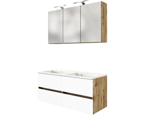 Badmöbel-Set mit Doppel-Waschbeckenunterschrank, vier Laden und dreitürigem Spiegelschrank mit LED-Beleuchtung, Eiche-Dekor und Weiß.