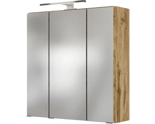 Dreitüriger Spiegelschrank für das Badezimmer mit Holzkorpus in Eichenoptik und einer aufgesetzten LED-Leuchte.