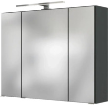 Dreitüriger Badezimmer-Spiegelschrank mit LED-Aufsatzleuchte und anthrazitfarbenem Korpus.