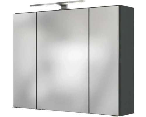 Dreitüriger Badezimmer-Spiegelschrank mit LED-Aufsatzleuchte und anthrazitfarbenem Korpus.