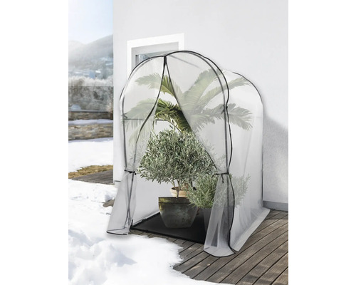 Pflanzzelt mit Pflanzen auf einer Terrasse im Winter