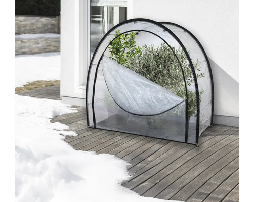 Gewächshaus-Tunnel mit Pflanzen auf einer Holzterrasse im Winter