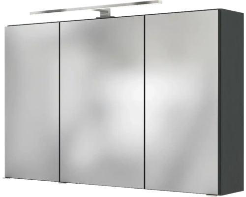 Spiegelschrank mit drei Türen, anthrazitfarbenem Korpus und LED-Aufsatzleuchte für das Badezimmer.