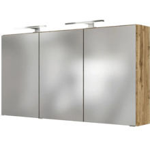 Spiegelschrank für das Badezimmer mit drei Türen, Korpus in Holzoptik und zwei LED Aufsatzleuchten.