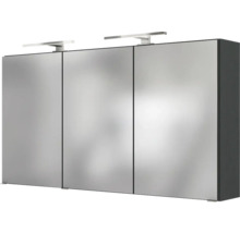 Spiegelschrank mit drei Türen, zwei LED-Leuchten und dunklem Korpus für das Badezimmer.