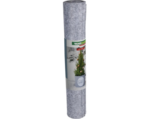 Windhager Logo. Eine Rolle graues Gartenvlies mit Abbildung eines kleinen, geschmückten Weihnachtsbaums im Topf.