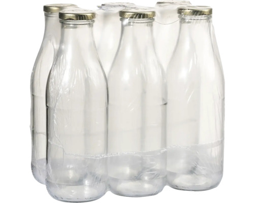 Sechs leere Glasflaschen mit Verschluss in Folie verpackt