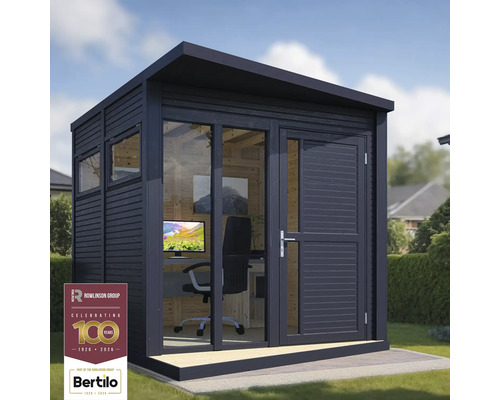 Gartenhaus Bertilo Concept Office inkl. Fußboden 237 x 310 cm anthrazit Schwarzes Gartenbüro mit Fenster, Tür und Einrichtung auf Rasenfläche
