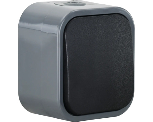 Ein grauer Aufputz-Schalter mit schwarzem Schalter