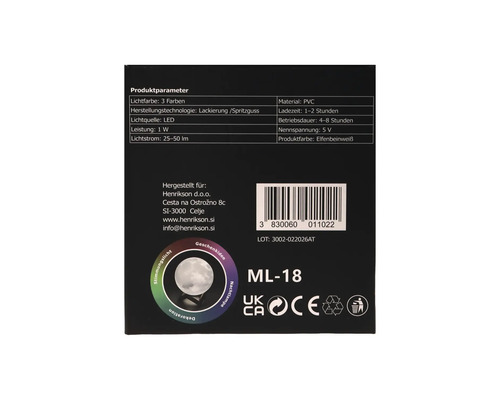 Verpackung mit Produktinformationen wie Lichtfarbe, Material, Leistung und Herstellerangaben