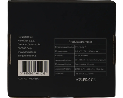 Produktverpackung mit technischen Spezifikationen und Herstellerinformationen
