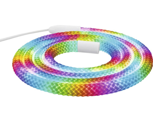 Flexibler LED-Lichtschlauch mit bunten Regenbogenfarben, aufgerollt.