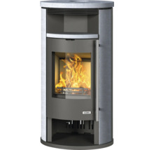 Accente Kaminofen mit Specksteinverkleidung, großem Sichtfenster und brennendem Feuer.